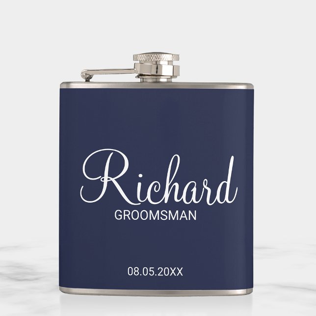 Modern Navy Blue Personalised Groomsman Hip Flask (Creator Uploaded)