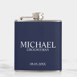 Modern Navy Blue Personalised Groomsman Hip Flask<br><div class="desc">Modern Navy Blue Personalised Groomsman Gifts
featuring personalised groomsman's name,  title and wedding date in classic serif font style.

Also perfect for Best Man,  Father of the Bride and more.</div>