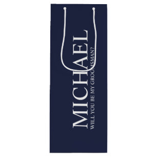 Modern Navy Blue Personalised Groomsman Proposal Wine Gift Bag