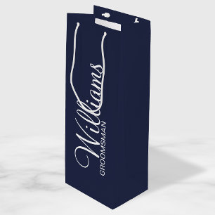 Modern Navy Blue Personalised Groomsman Wine Gift Bag