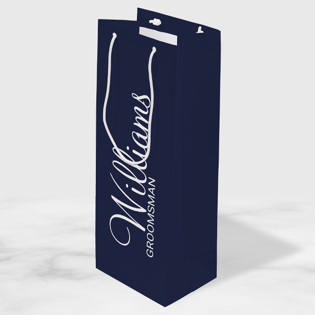 Modern Navy Blue Personalised Groomsman Wine Gift Bag (Creator Uploaded)