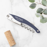 Modern Navy Blue Personalised Groomsmen Corkscrew<br><div class="desc">Modern Personalised Groomsmen Corkscrew.
This design features personalised groomsman's name and title in white classic serif font style on navy blue background.

Also perfect for best man,  father of the bride and more.</div>