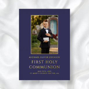 Modern Navy Blue Photo Boy First Communion Gold