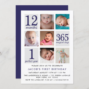 Modern Navy Blue Photo Collage First Birthday Invitation
