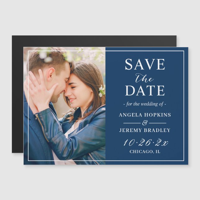 Modern Navy Blue Photo Frame Save the Date Magnet (Front/Back)