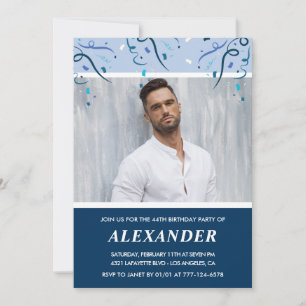 Modern Navy Blue Photo Man 44th birthday  Invitation