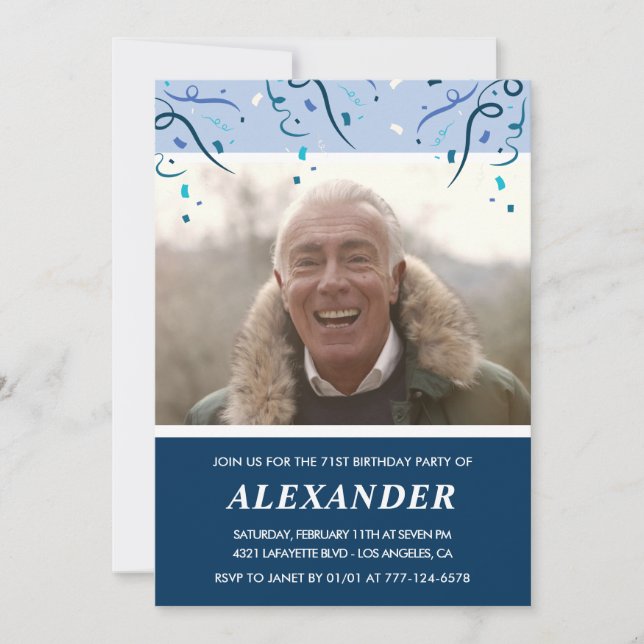 Modern Navy Blue Photo Man 71st birthday  Invitation (Front)