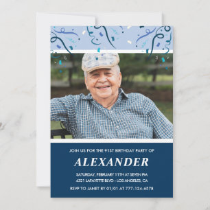 Modern Navy Blue Photo Man 91st birthday Invitation