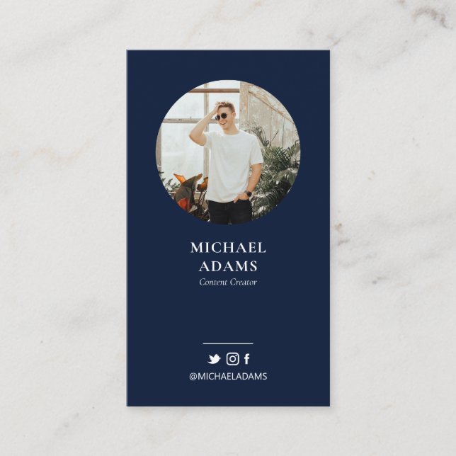 Modern Navy Blue Photo Social Media Business Cards (Front)