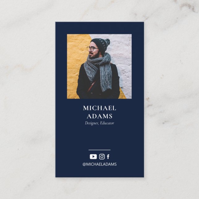 Modern Navy Blue Photo Social Media Business Cards (Front)