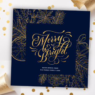 Modern Navy Blue Pine Bough Floral Gold Script Holiday Card