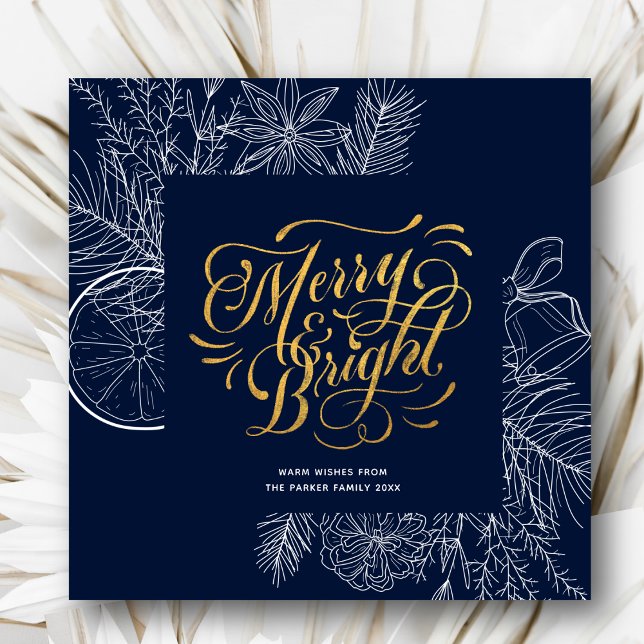 Modern Navy Blue Pine Bough Floral Gold Script Holiday Card (Creator Uploaded)