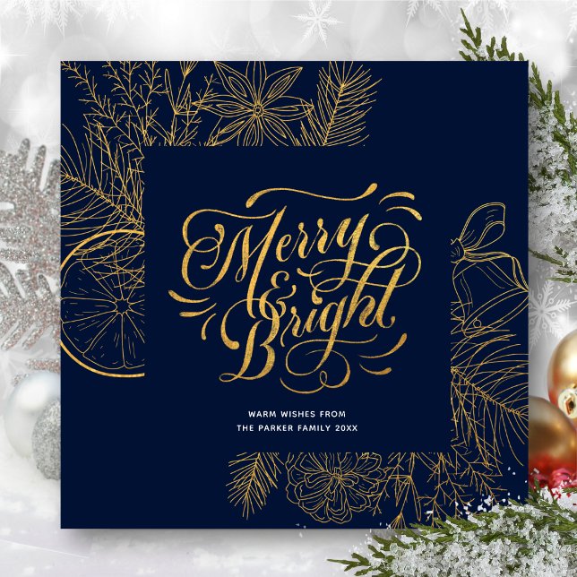 Modern Navy Blue Pine Bough Floral Gold Script Holiday Card (Creator Uploaded)