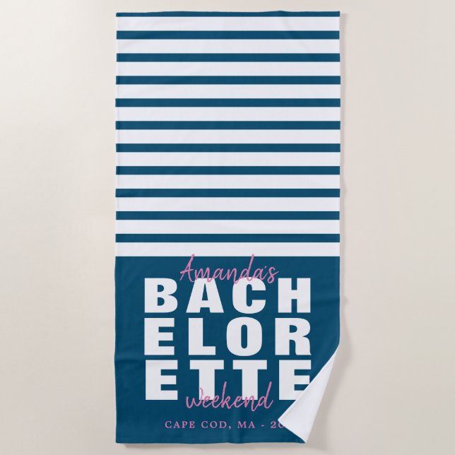 Modern Navy Blue & Pink Bachelorette Gift Beach Towel (Front)
