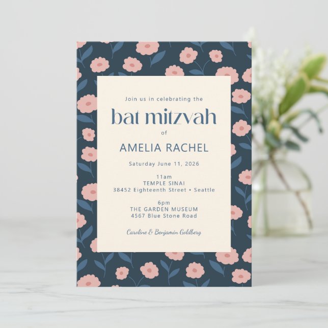 Modern Navy Blue Pink Boho Floral Bat Mitzvah Invitation (Standing Front)