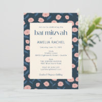Modern Navy Blue Pink Boho Floral Bat Mitzvah RSVP