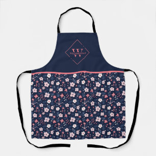 Modern Navy Blue Pink Floral Monogram Apron