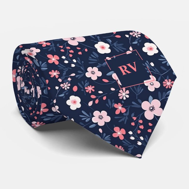 Modern Navy Blue Pink Floral Monogram Tie (Rolled)