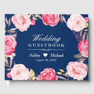 Modern Navy Blue Pink Floral Wreath Wedding Guest Book