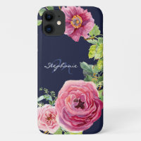 Modern Navy Blue Pink Peony Rose Floral Watercolor