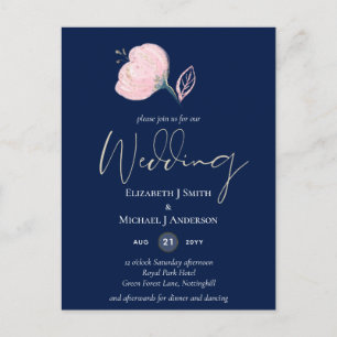 Modern Navy Blue Pink Rose Gold Wedding Budget Postcard
