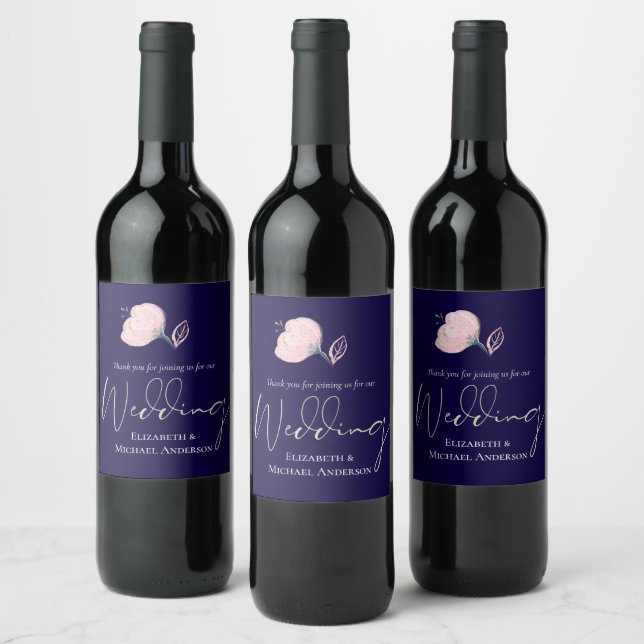 Modern Navy Blue Pink Rose Gold Wedding Budget Wine Label (Bottles)