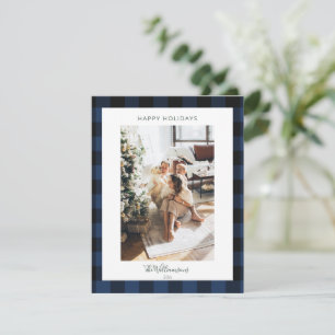 Modern Navy Blue Plaid Rustic Photo Christmas Holiday Card