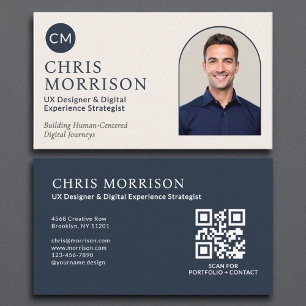 Modern Navy Blue Professional QR Code Photo  Business Card