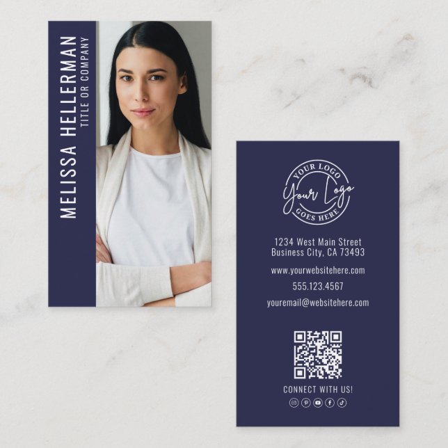 Modern Navy Blue Professional QR Code Photo Logo Business Card (Front/Back)
