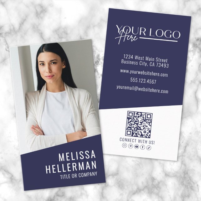 Modern Navy Blue Professional QR Code Photo Logo Business Card (Modern Navy Blue Professional QR Code Photo Logo Business Card )