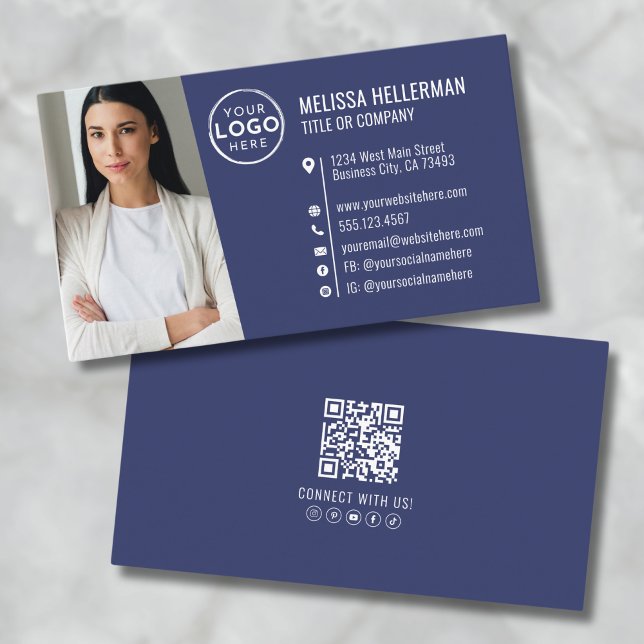 Modern Navy Blue Professional QR Code Photo Logo Business Card (Modern Navy Blue Professional QR Code Photo Logo Business Card)