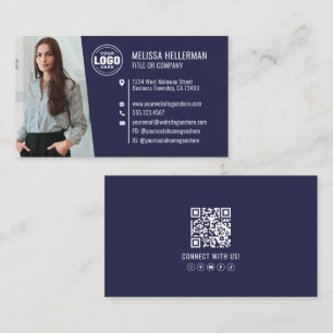 Modern Navy Blue Professional QR Code Photo Logo Business Card