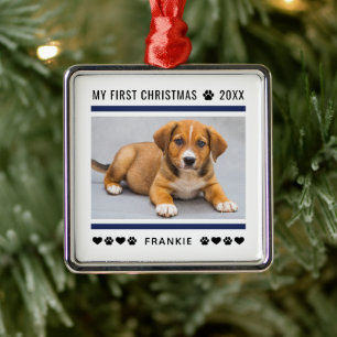 Modern Navy Blue Puppy First Christmas Photo Metal Ornament