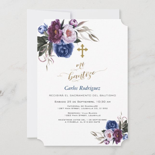 Modern Navy Blue Purple Flowers Boy Mi Bautizo Invitation (Front)