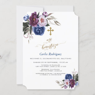 Modern Navy Blue Purple Flowers Boy Mi Bautizo Invitation