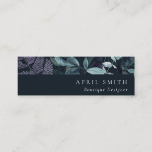 Modern Navy Blue Purple Leafy Tropical Fauna Fern Mini Business Card