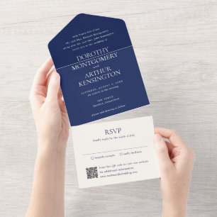 Modern Navy Blue QR Code Elegant Wedding All In One Invitation
