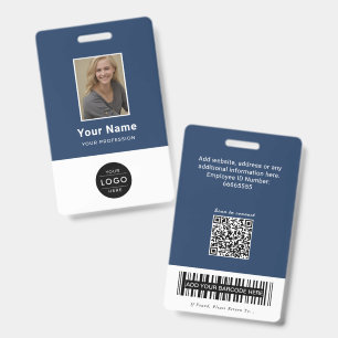 Modern Navy Blue QR Code Employee ID Barcode Badge