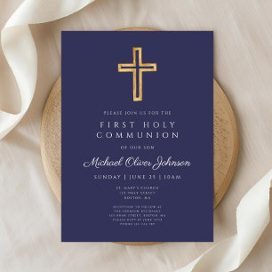 Modern Navy Blue Religious Boy First Communion Invitation