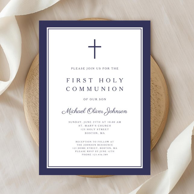 Modern Navy Blue Religious Boy First Communion Invitation (Modern Navy Blue Religious Boy First Communion Invitation)