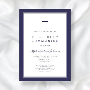 Modern Navy Blue Religious Boy First Communion Invitation