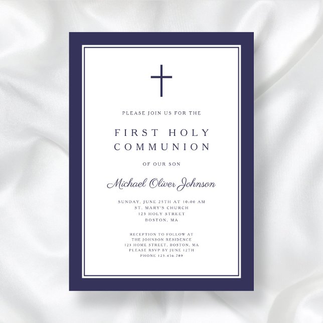 Modern Navy Blue Religious Boy First Communion Invitation (Modern Navy Blue Religious Boy First Communion Invitation)