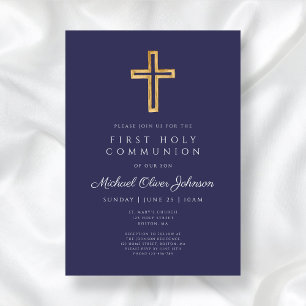 Modern Navy Blue Religious Boy First Communion Invitation