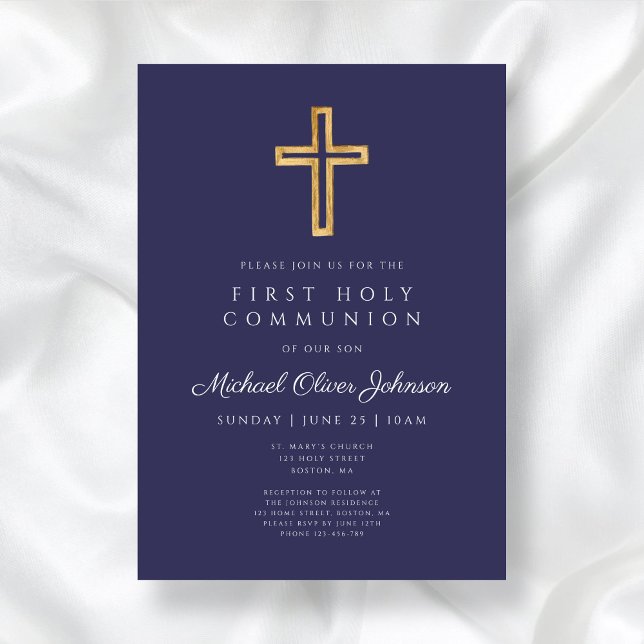 Modern Navy Blue Religious Boy First Communion Invitation (Modern Navy Blue Religious Boy First Communion Invitation)