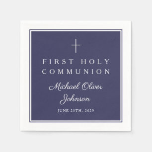 Modern Navy Blue Religious Boy First Communion Napkin