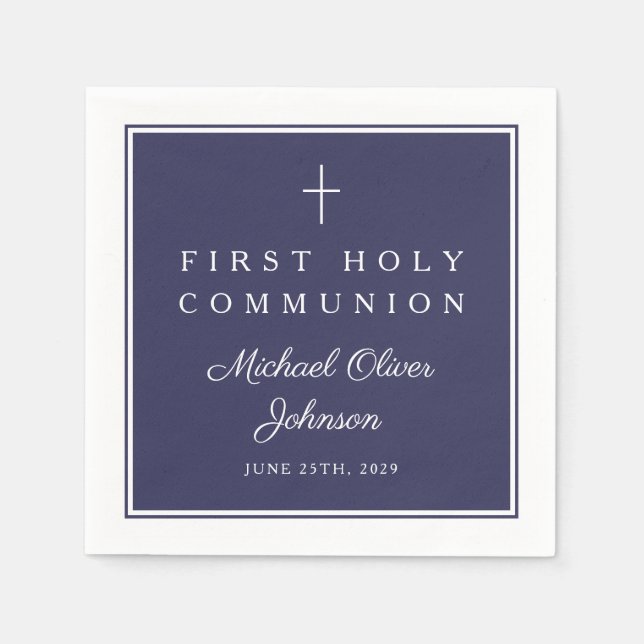 Modern Navy Blue Religious Boy First Communion Napkin (Front)