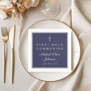 Modern Navy Blue Religious Boy First Communion Napkin