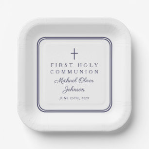 Modern Navy Blue Religious Boy First Communion Paper Plate