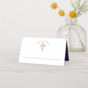 Modern Navy Blue Religious Boy First Communion  Place Card