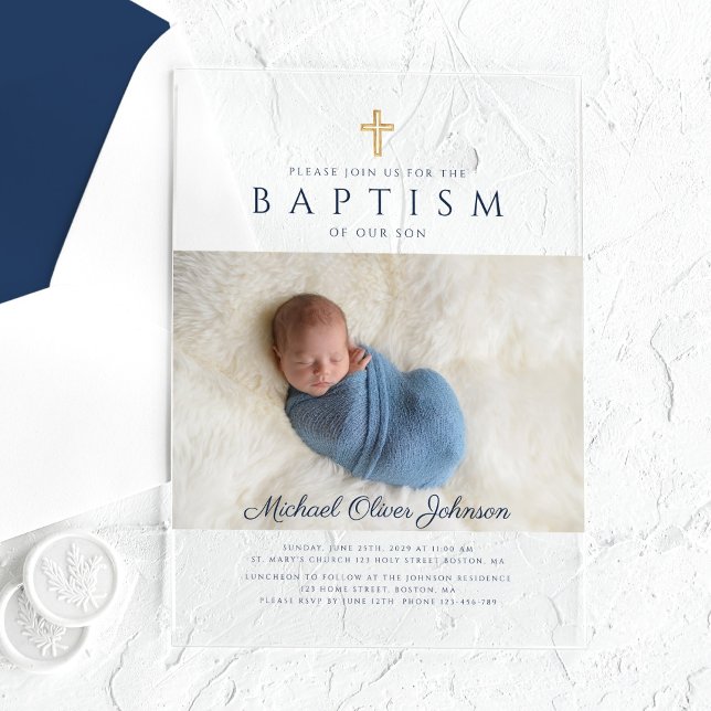 Modern Navy Blue Religious Cross Boy Baptism Photo Acrylic Invitations (Modern Navy Blue Religious Cross Boy Baptism Photo Acrylic Invitations)